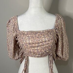 SO Floral Ruched Square-Neck Crop Top - Mauve & Cream